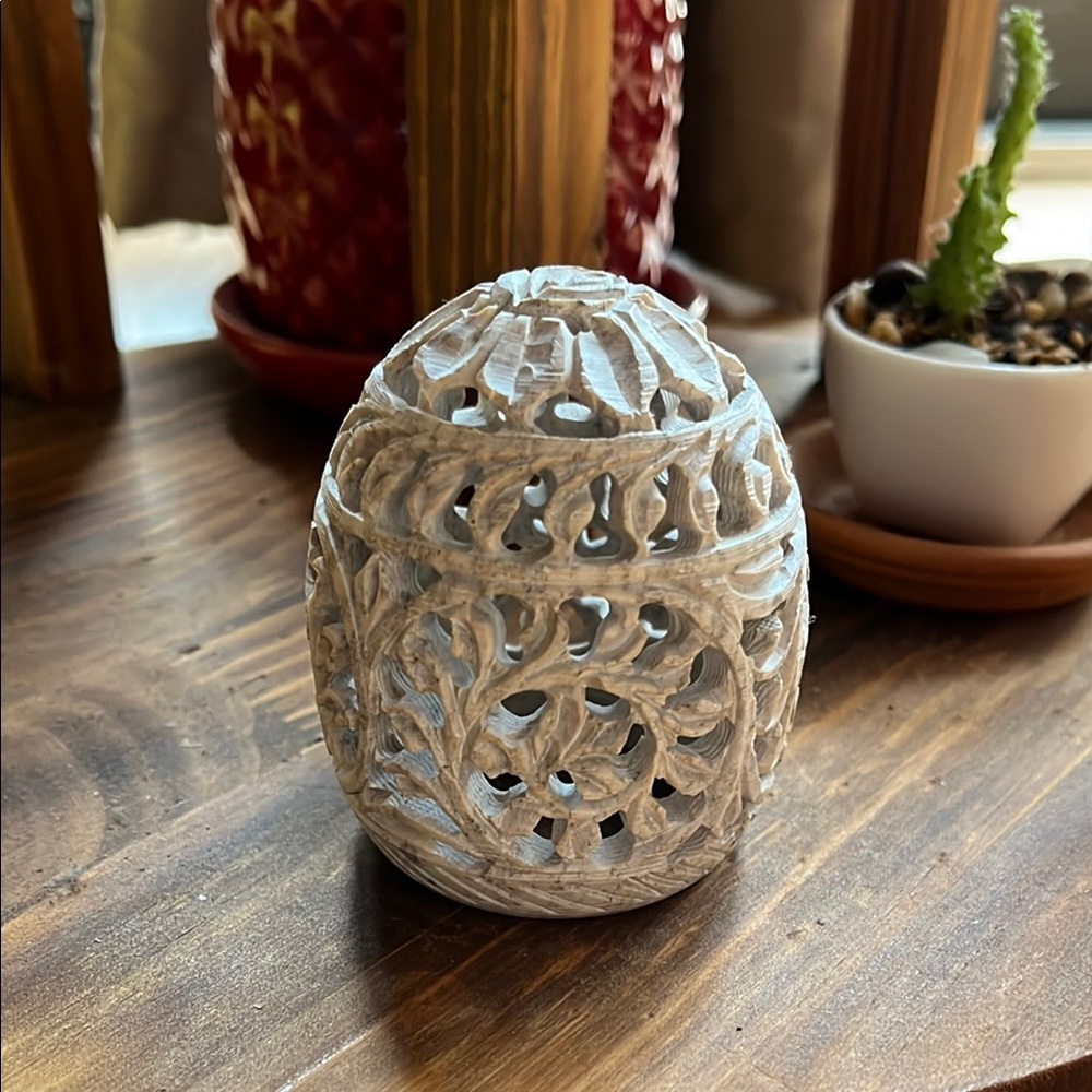 Intricate Carved Stone Egg Shaped Home Accent